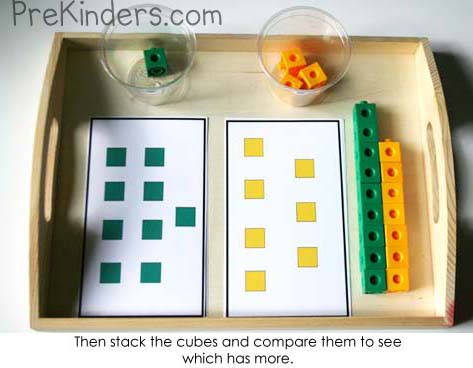 plateau contenant les cartes pour compter les cubes et les tours de cubes réalisées pour comparer leur quantité